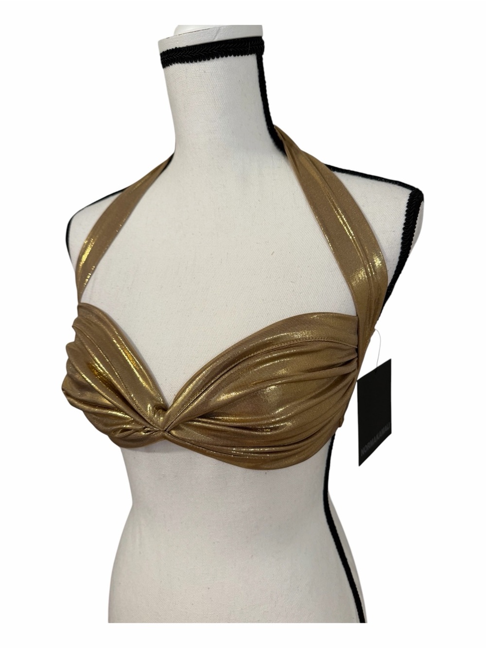 Norma Kamali Metallic Gold Bill Bra Halter Bikini Top Size Medium New With Tags